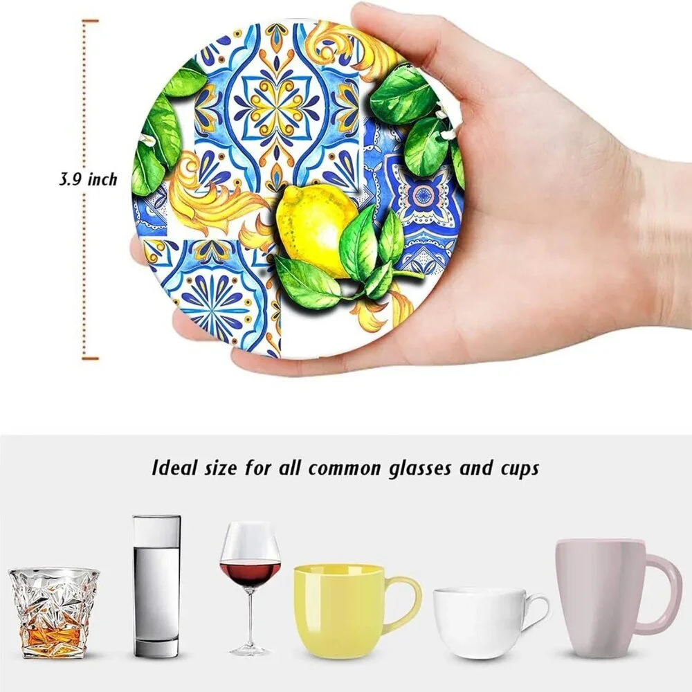 Coaster for Drinks Set of 6, Lemon Fruit Yellow Blue Vintage Absorbent Round Cer